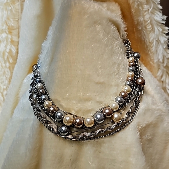 Vintage 80's Multi-Strand Pearl Ribbon Choker Necklace Costume Jewelry Silver - Picture 1 of 6